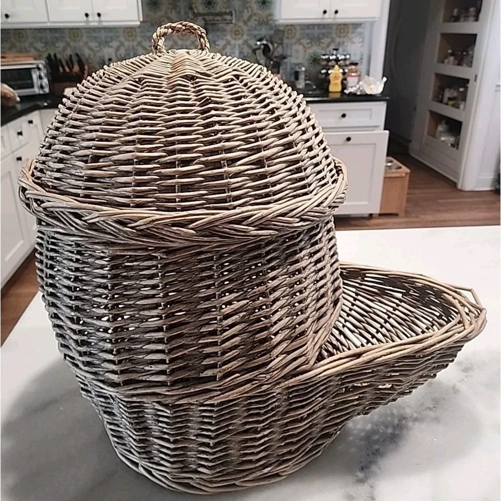 French-style Rustic Wicker Onion or Potato Storage Basket Hopper Style With Lid